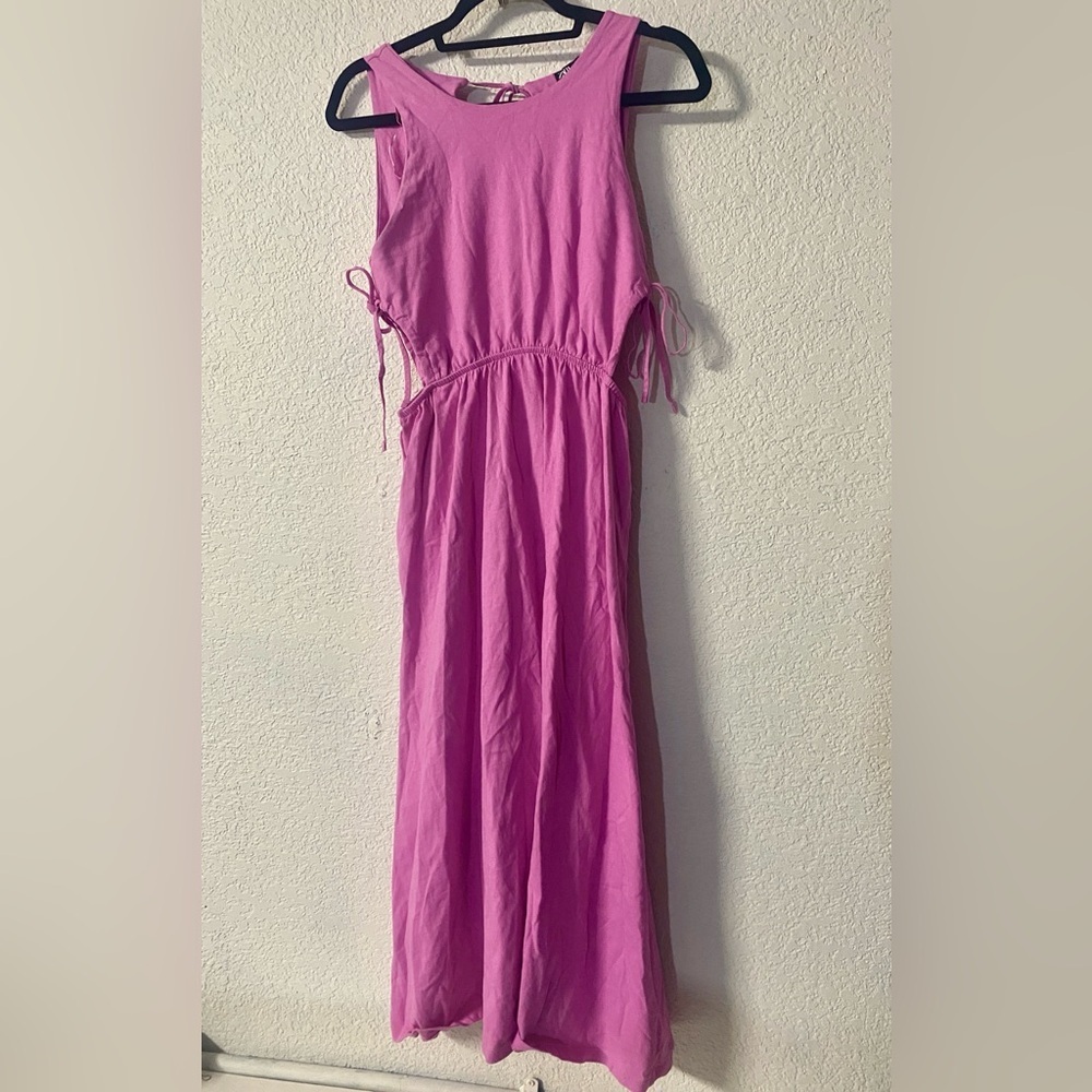 Zara Magenta pink Cotton side Cutout Sleeveless Midi Dress size L